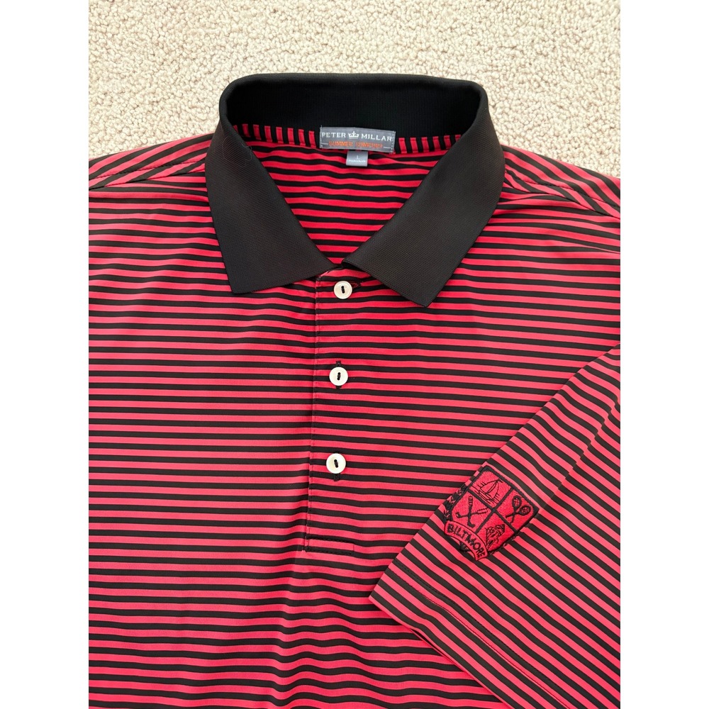 Peter Millar Mens Polo Large Red Black Striped Summer Comfort Biltmore Crest